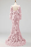 Long Sleeves Sparkly Blush Mermaid Long Beaded Floral Pageant Dress