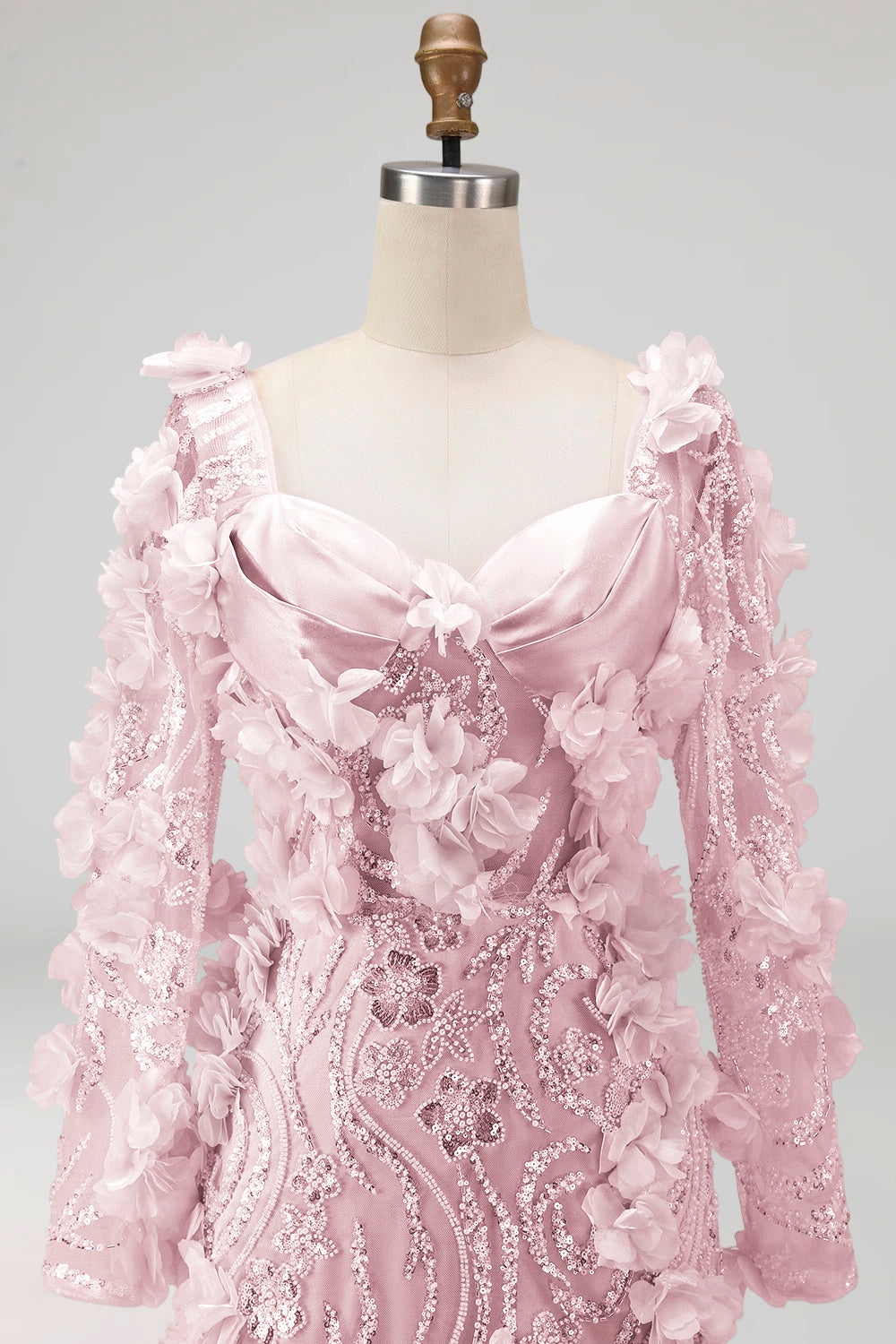 Long Sleeves Sparkly Blush Mermaid Long Beaded Floral Pageant Dress