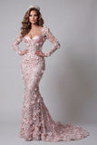 Long Sleeves Sparkly Blush Mermaid Long Beaded Floral Pageant Dress
