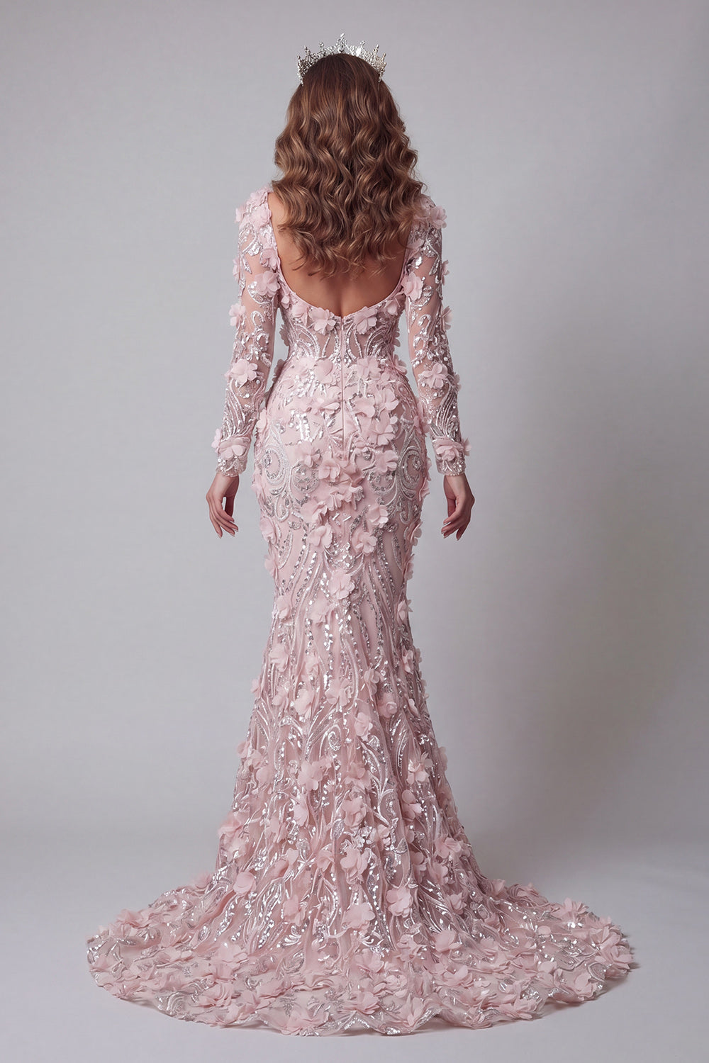 Long Sleeves Sparkly Blush Mermaid Long Beaded Floral Pageant Dress