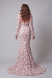 Long Sleeves Sparkly Blush Mermaid Long Beaded Floral Pageant Dress