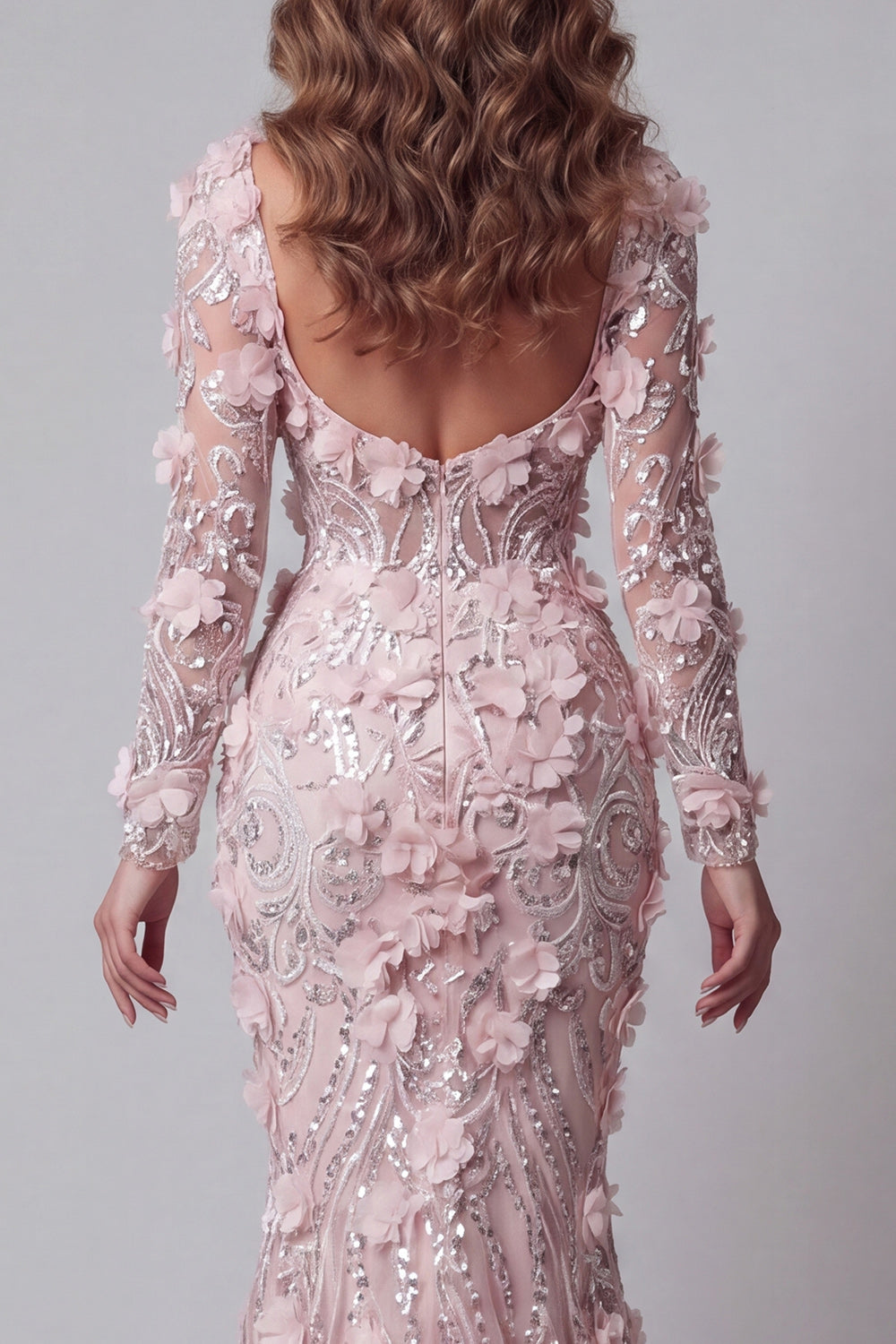Long Sleeves Sparkly Blush Mermaid Long Beaded Floral Pageant Dress