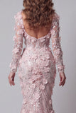 Long Sleeves Sparkly Blush Mermaid Long Beaded Floral Pageant Dress