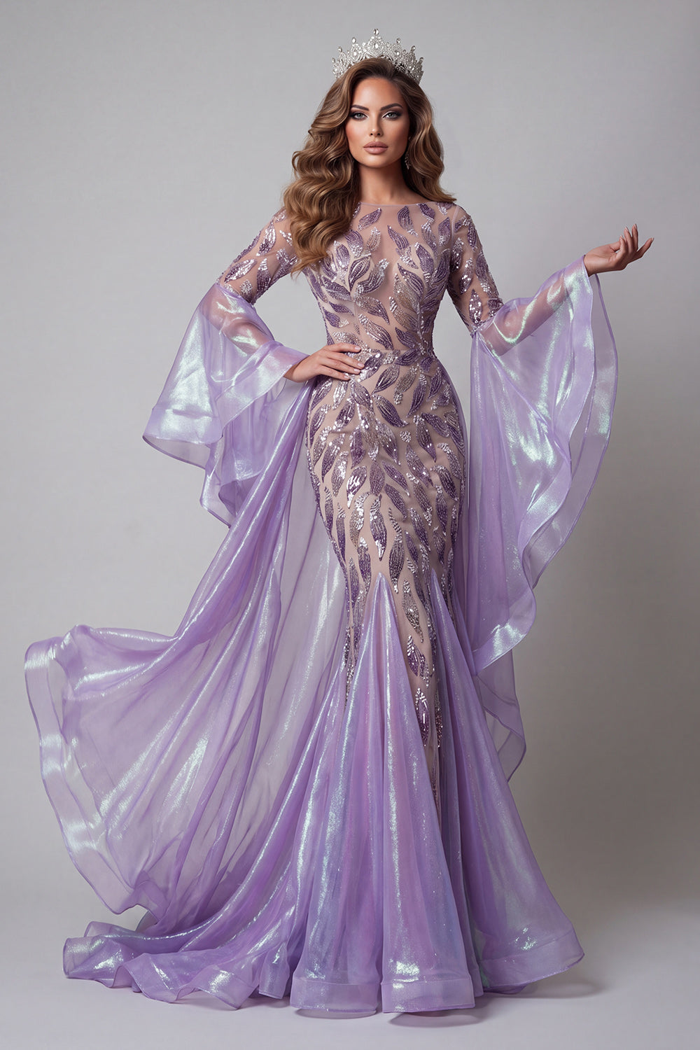 Flare Sleeves Sparkly Lavender Mermaid Long Beaded Pageant Dress