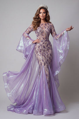 Flare Sleeves Sparkly Lavender Mermaid Long Beaded Pageant Dress