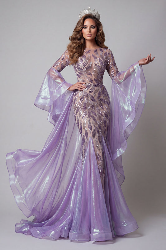 Flare Sleeves Sparkly Lavender Mermaid Long Beaded Pageant Dress