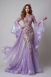 Flare Sleeves Sparkly Lavender Mermaid Long Beaded Pageant Dress