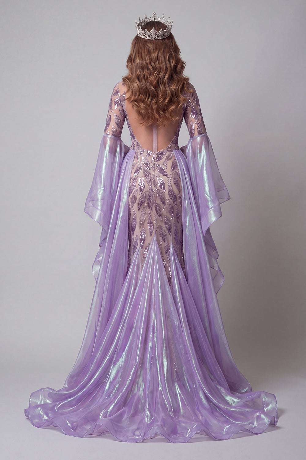 Flare Sleeves Sparkly Lavender Mermaid Long Beaded Pageant Dress
