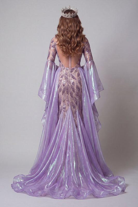 Flare Sleeves Sparkly Lavender Mermaid Long Beaded Pageant Dress