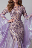 Flare Sleeves Sparkly Lavender Mermaid Long Beaded Pageant Dress