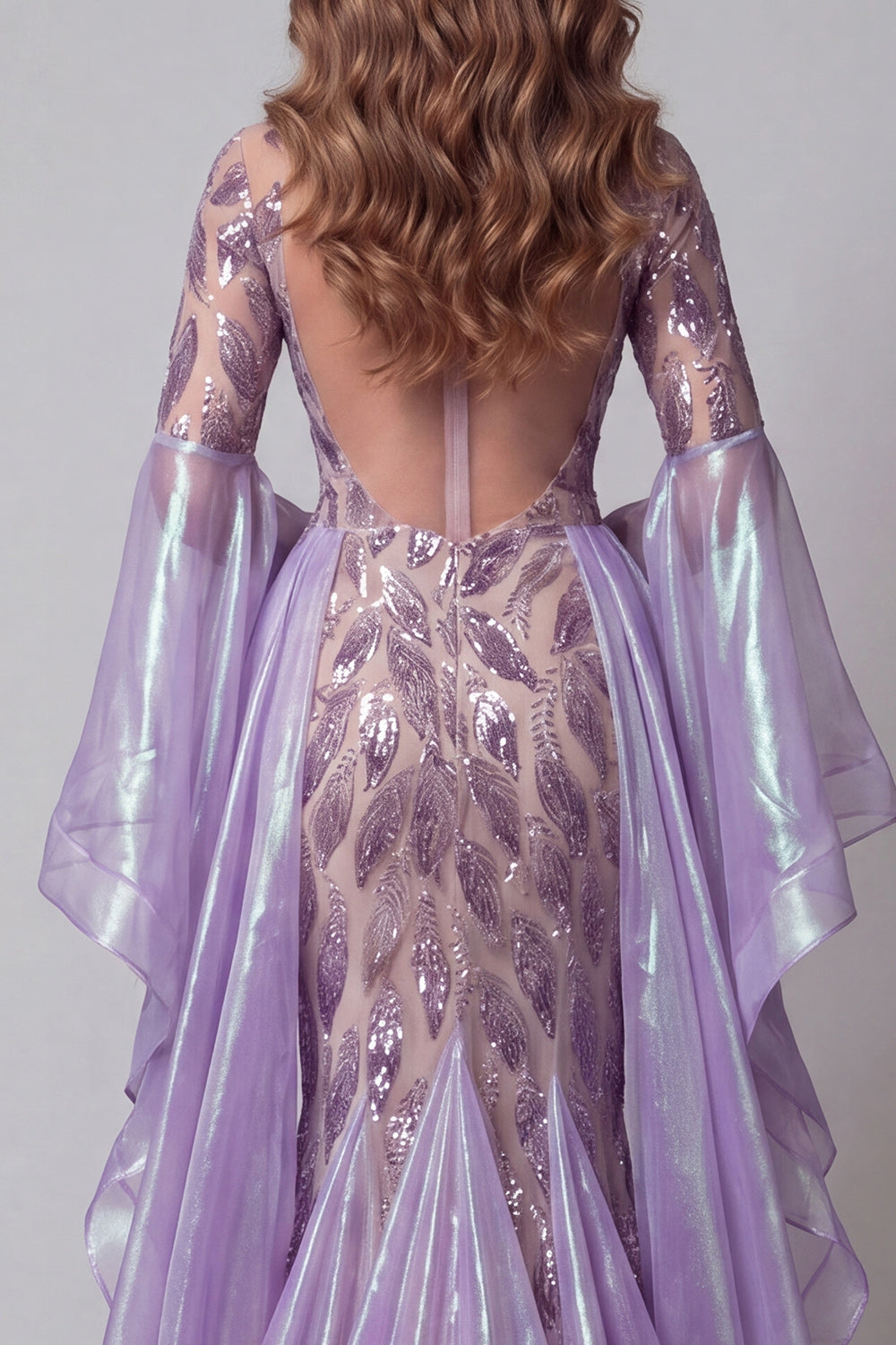 Flare Sleeves Sparkly Lavender Mermaid Long Beaded Pageant Dress