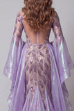 Flare Sleeves Sparkly Lavender Mermaid Long Beaded Pageant Dress