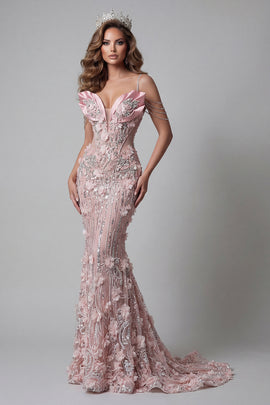 Cold Shoulder Sparkly Blush Mermaid Long Beaded Floral Pageant Dress