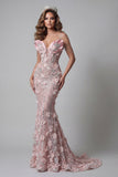 Cold Shoulder Sparkly Blush Mermaid Long Beaded Floral Pageant Dress