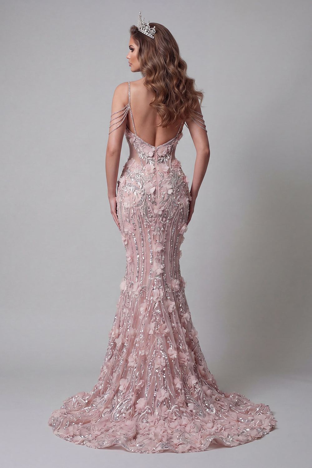 Cold Shoulder Sparkly Blush Mermaid Long Beaded Floral Pageant Dress
