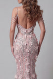 Cold Shoulder Sparkly Blush Mermaid Long Beaded Floral Pageant Dress