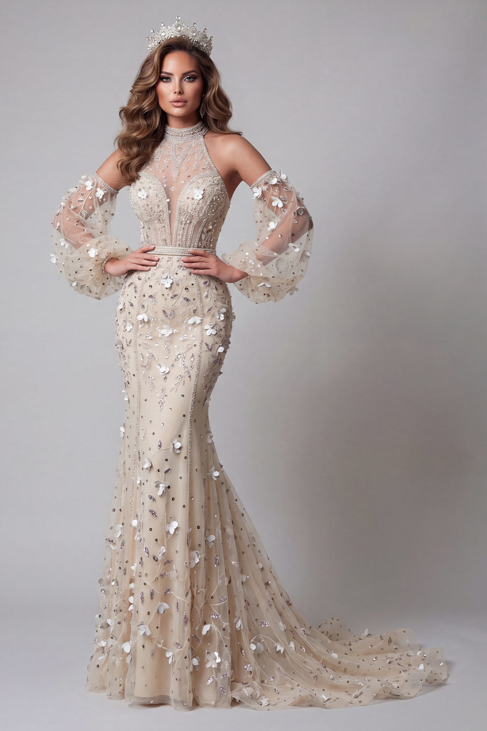 Long Sleeves High Neck Sparkly Apricot Mermaid Long Beaded Floral Pageant Dress