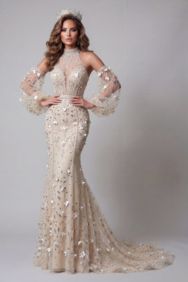 Long Sleeves High Neck Sparkly Apricot Mermaid Long Beaded Floral Pageant Dress
