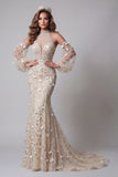 Long Sleeves High Neck Sparkly Apricot Mermaid Long Beaded Floral Pageant Dress
