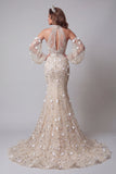 Long Sleeves High Neck Sparkly Apricot Mermaid Long Beaded Floral Pageant Dress