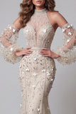 Long Sleeves High Neck Sparkly Apricot Mermaid Long Beaded Floral Pageant Dress