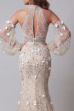 Long Sleeves High Neck Sparkly Apricot Mermaid Long Beaded Floral Pageant Dress