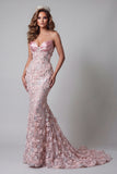 Sparkly Blush Long Corset Beaded Pageant Dress Mermaid Strapless Gala Dress
