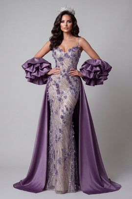 Spaghetti Straps Sparkly Purple Mermaid Long Floral Beaded Pageant Dress