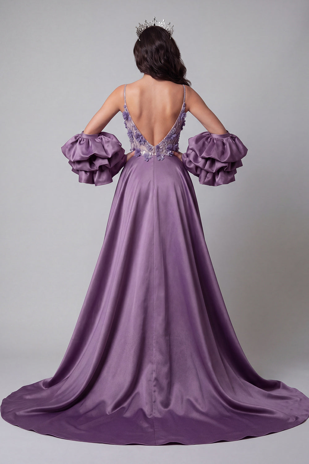 Spaghetti Straps Sparkly Purple Mermaid Long Floral Beaded Pageant Dress