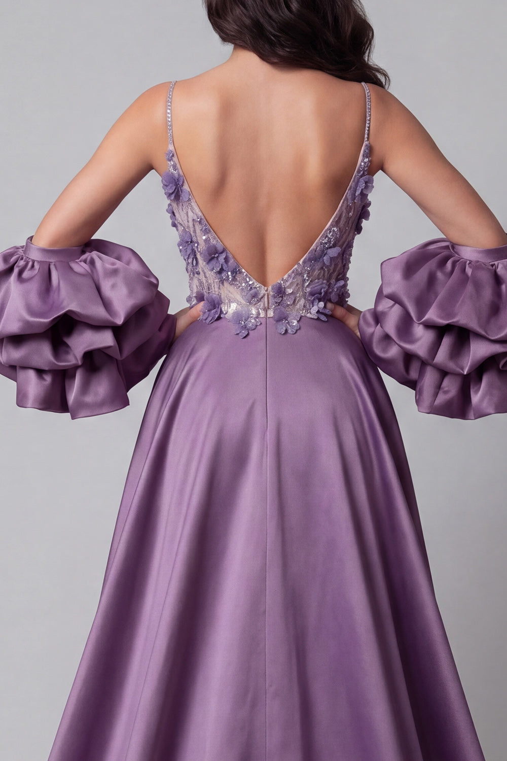 Spaghetti Straps Sparkly Purple Mermaid Long Floral Beaded Pageant Dress