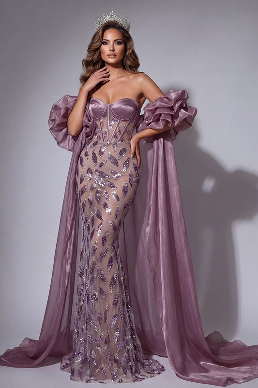 Corset Sparkly Vintage Mauve Mermaid Long Beaded Ruffled Pageant Dress with Cape
