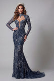 Sparkly Navy High Neck Open Back Mermaid Long Beaded Pageant Dress
