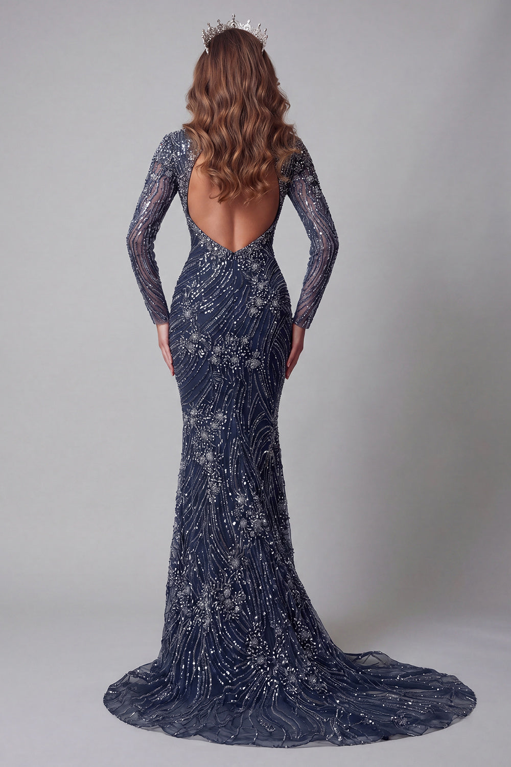 Sparkly Navy High Neck Open Back Mermaid Long Beaded Pageant Dress