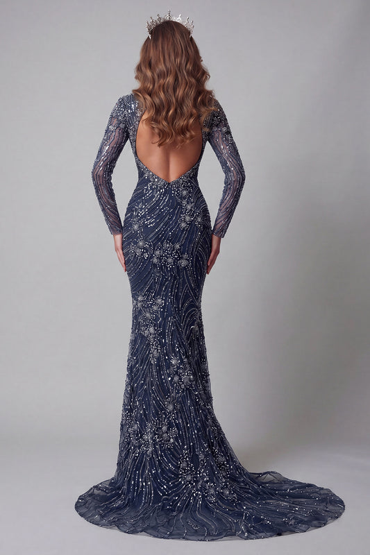 Sparkly Navy High Neck Open Back Mermaid Long Beaded Pageant Dress