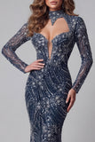 Sparkly Navy High Neck Open Back Mermaid Long Beaded Pageant Dress