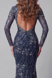 Sparkly Navy High Neck Open Back Mermaid Long Beaded Pageant Dress