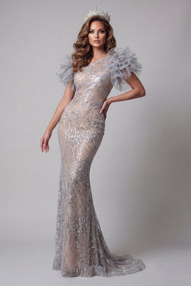 Sparkly Silver Mermaid Long One Shoulder Beaded Pageant Dress with 3D Flowers