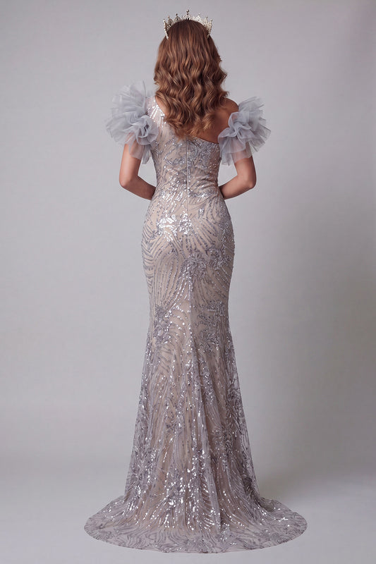 Sparkly Silver Mermaid Long One Shoulder Beaded Pageant Dress with 3D Flowers