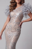 Sparkly Silver Mermaid Long One Shoulder Beaded Pageant Dress with 3D Flowers