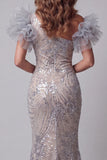 Sparkly Silver Mermaid Long One Shoulder Beaded Pageant Dress with 3D Flowers