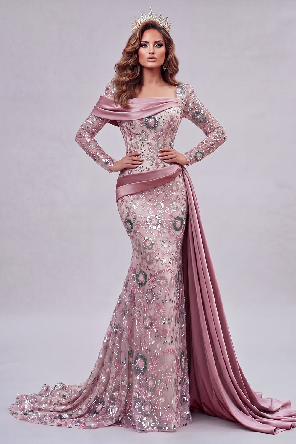 Sparkly Pink Mermaid Long Sleeves Long Beaded Floral Pageant Dress with Side Cape