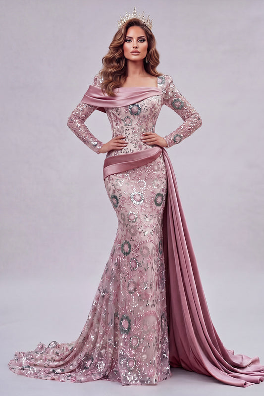 Sparkly Pink Mermaid Long Sleeves Long Beaded Floral Pageant Dress with Side Cape