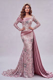Sparkly Pink Mermaid Long Sleeves Long Beaded Floral Pageant Dress with Side Cape