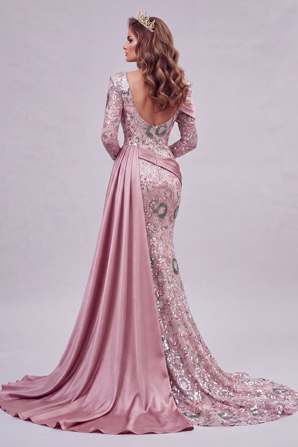 Sparkly Pink Mermaid Long Sleeves Long Beaded Floral Pageant Dress with Side Cape