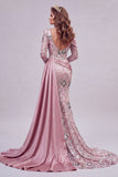 Sparkly Pink Mermaid Long Sleeves Long Beaded Floral Pageant Dress with Side Cape