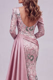 Sparkly Pink Mermaid Long Sleeves Long Beaded Floral Pageant Dress with Side Cape