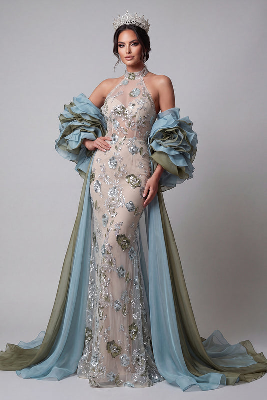 Sparkly Champagne Long Ruffled Floral Pageant Dress with Cape Mermaid High Neck Beaded Gala Dress 
