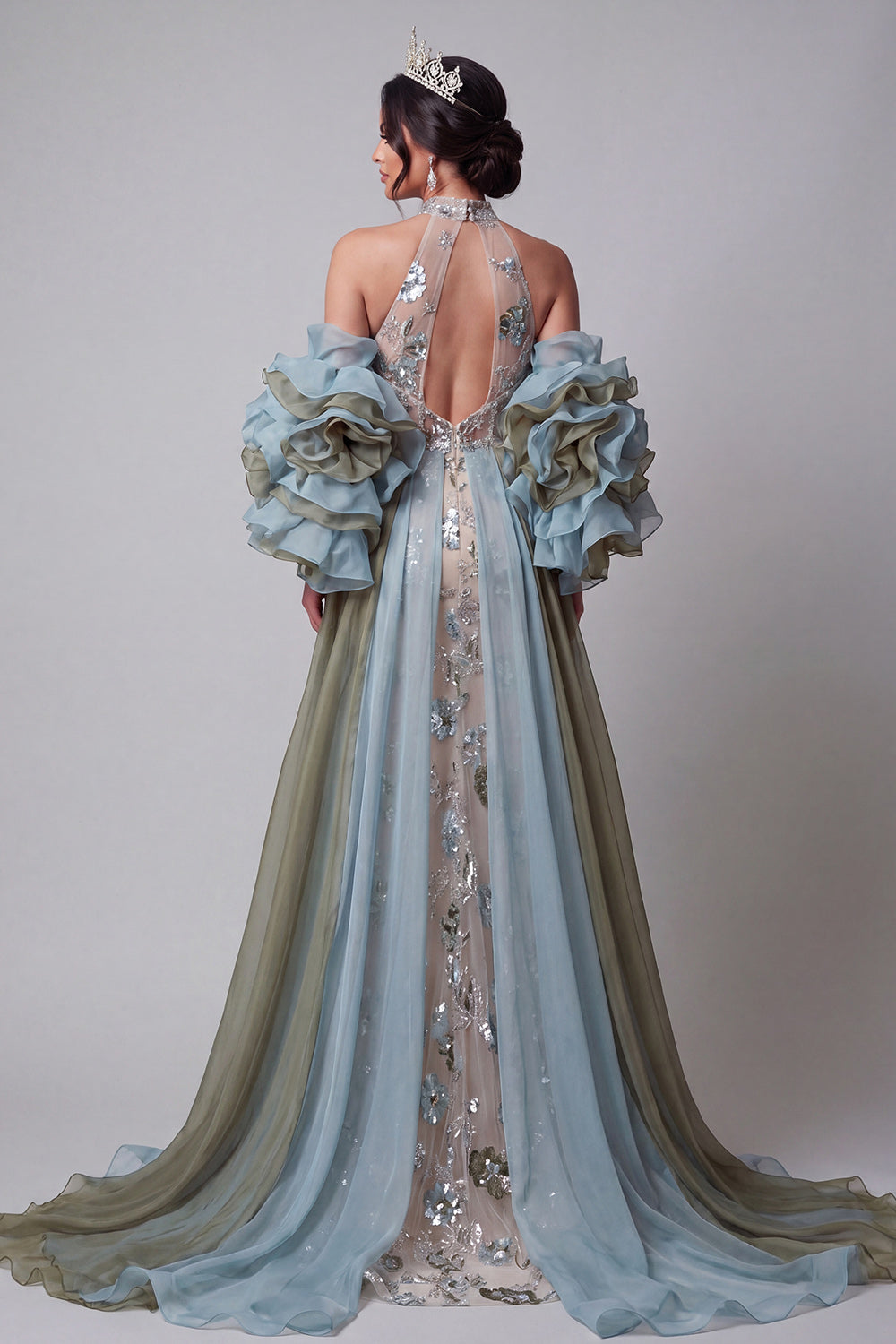 Sparkly Champagne Ruffled Mermaid Beaded Floral Long Pageant Dress with Cape