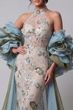 Sparkly Champagne Ruffled Mermaid Beaded Floral Long Pageant Dress with Cape