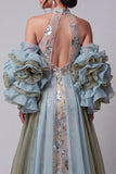 Sparkly Champagne Ruffled Mermaid Beaded Floral Long Pageant Dress with Cape